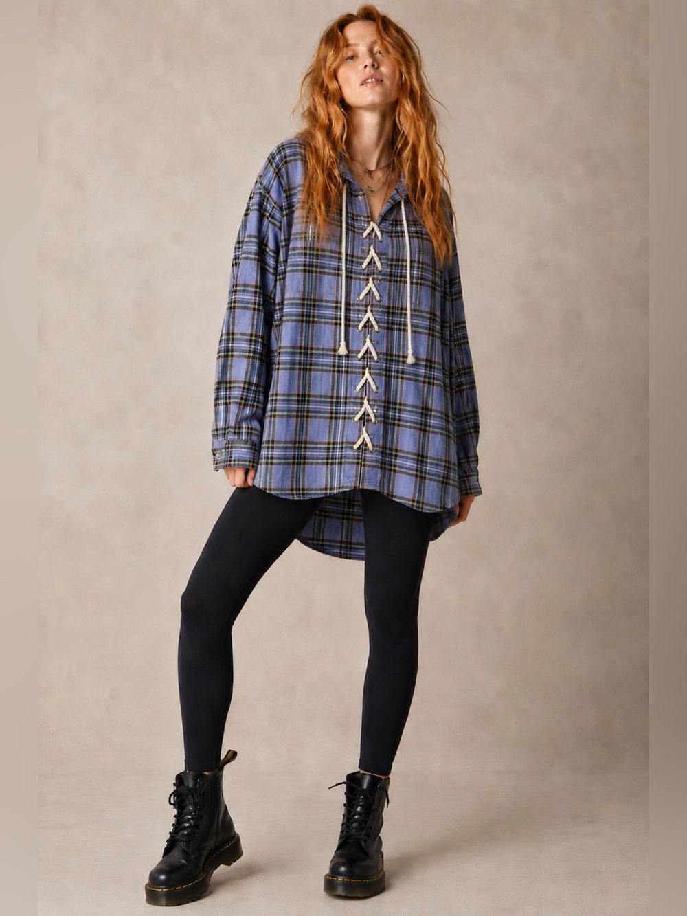 POL Blue Plaid Lace Up High Low Flannel Grunge Boho Oversized Size M